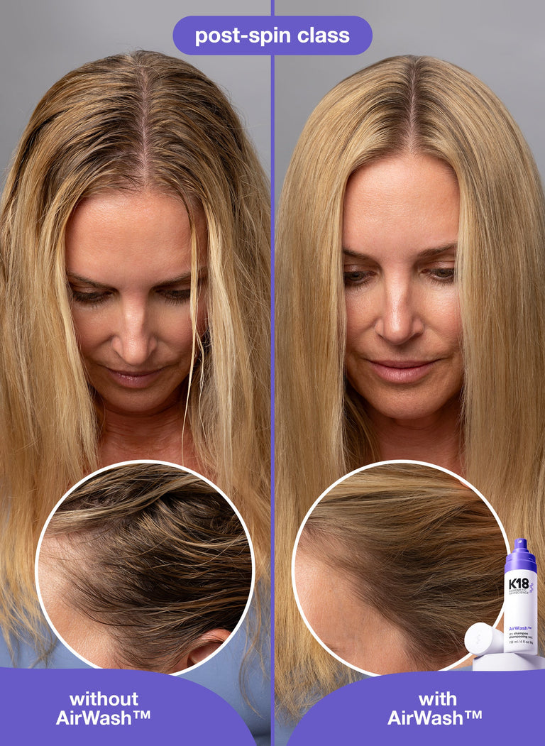 Before and after comparison of hair with and without AirWash product, showing a post-spin class scenario.