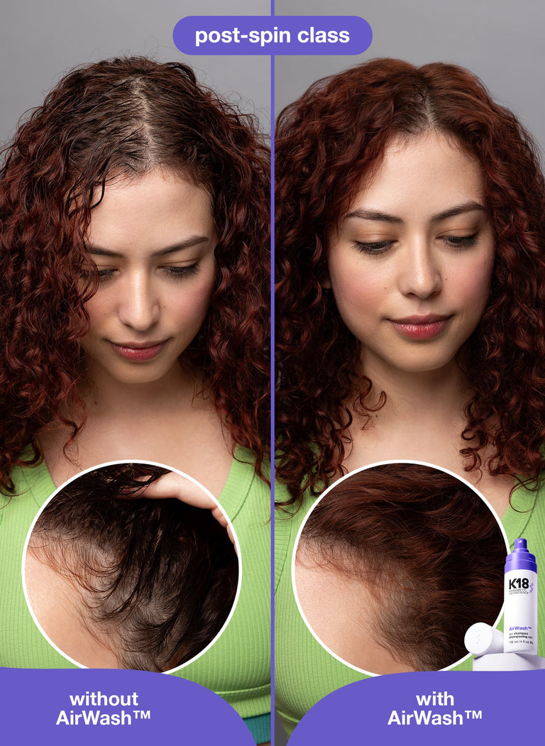 Before and after comparison of hair with and without AirWash product, showing a woman with curly hair.