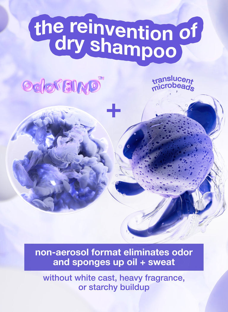 Dry shampoo with translucent microbeads and text highlighting its features on a light purple background.