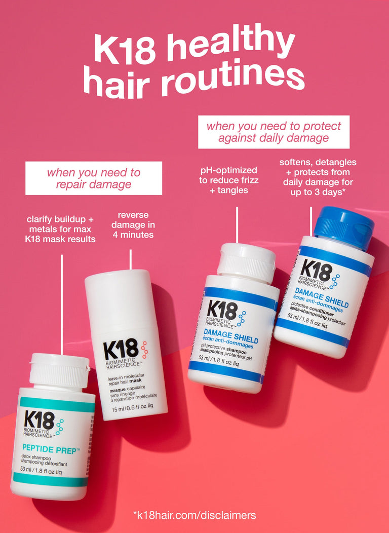 K18 healthy hair routines- treatment day routine: to repair damage daily routine: to protect against daily damage