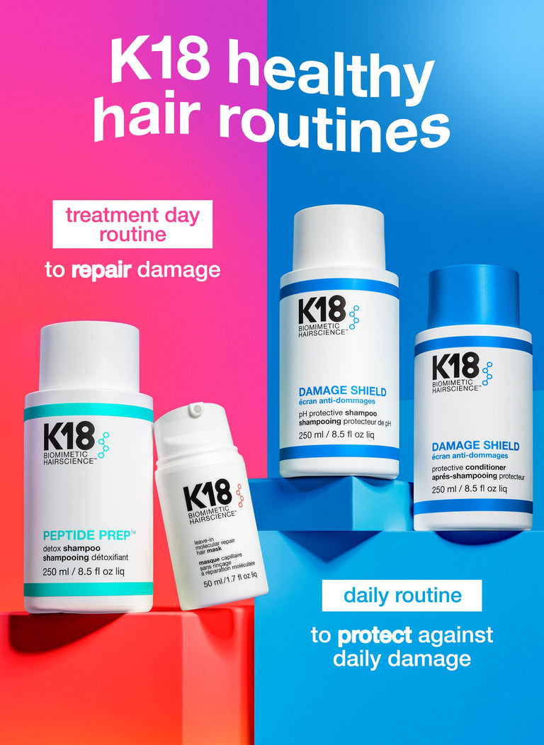 K18 healthy hair routines- treatment day routine: to repair damage daily routine: to protect against daily damage