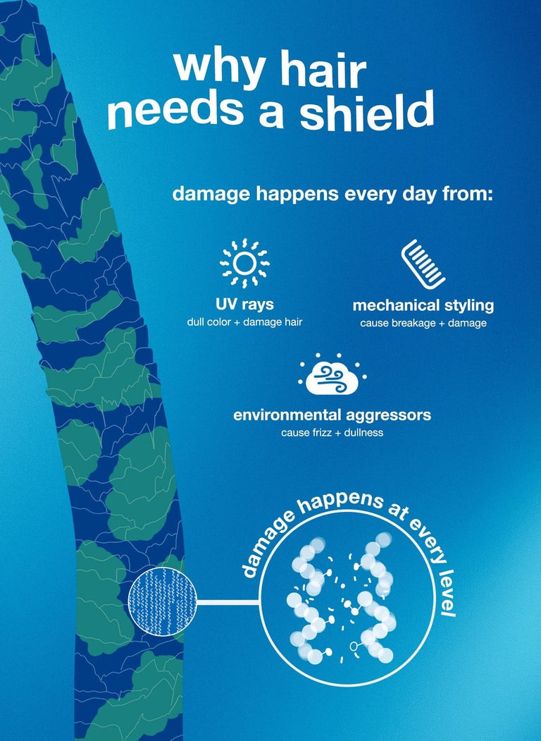 Image of hair strand graphic: why hair needs a shield, damage happens every day from: uv rays, mechanical styling, environmental aggressors, damage happens at every level