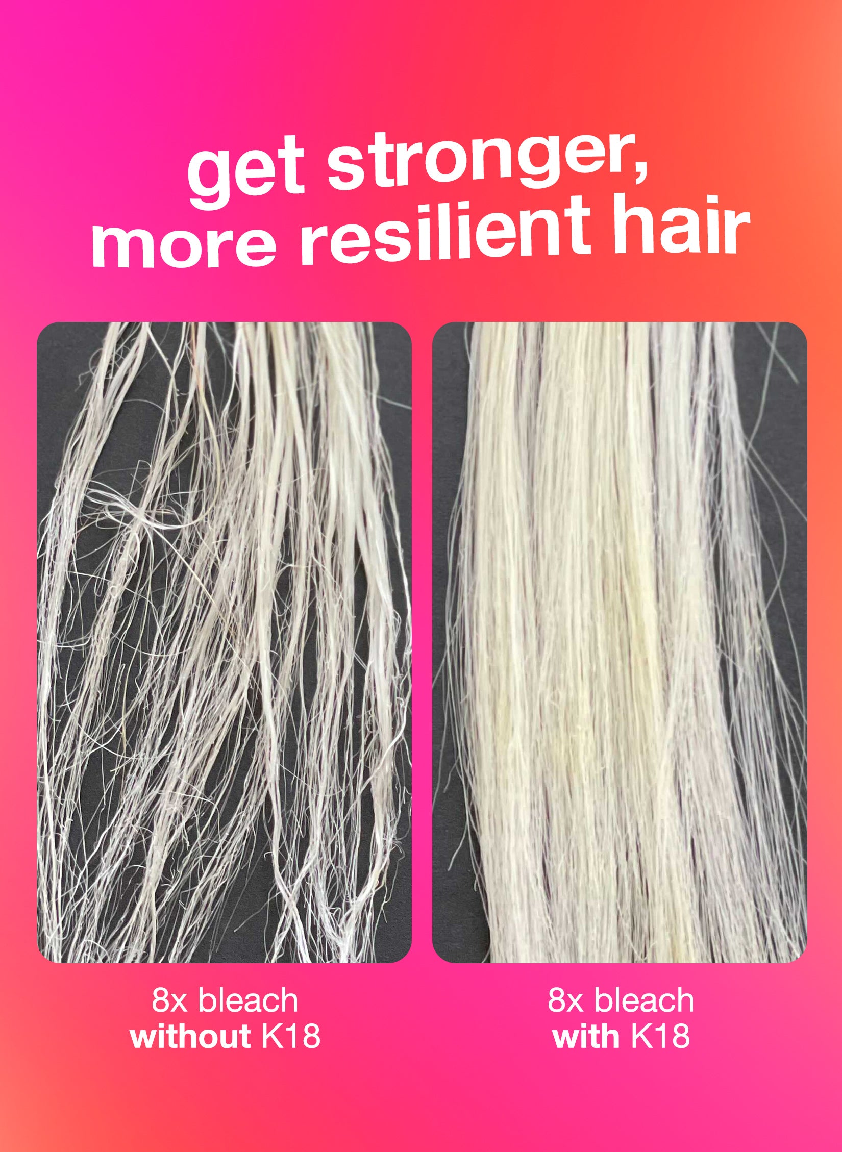 get stronger, more resilient hair. left - 8x bleach without K18, right 8x bleach with K18