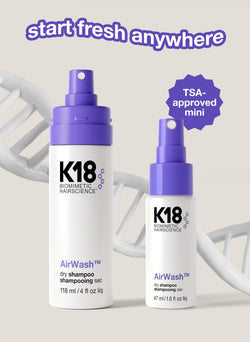 Full size bottle of airwash next to the mini airwash dry shampoo bottle.
