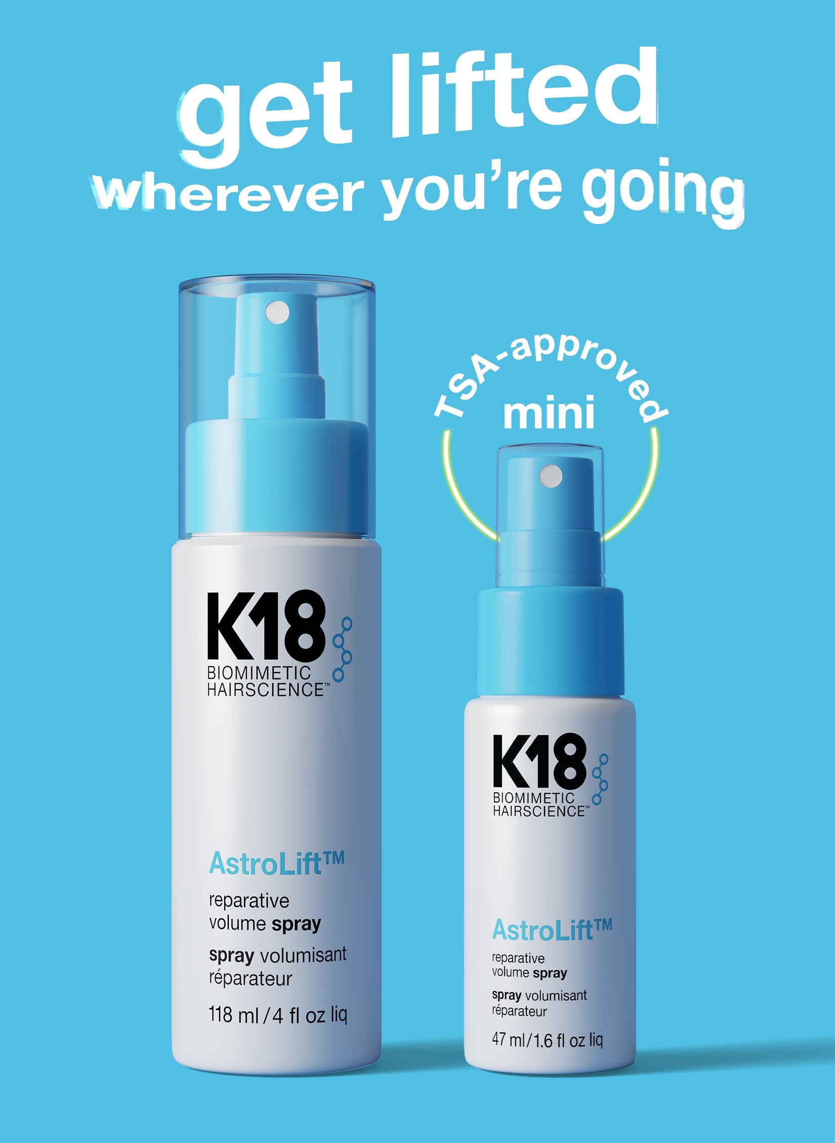 Two K18 hair spray bottles on a blue background with promotional text.