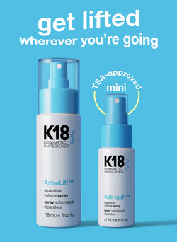 Two K18 hair spray bottles on a blue background with promotional text.