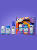 K18 hair care product set with bottles and packaging on a purple background