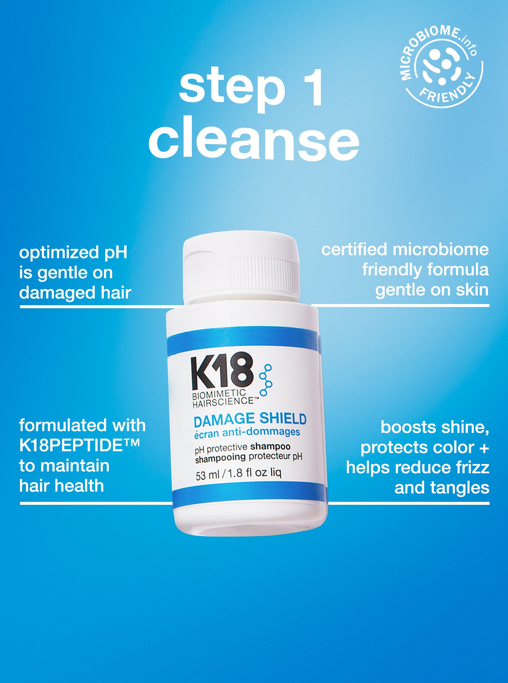 K18 Damage Shield shampoo bottle with product features on a blue background
