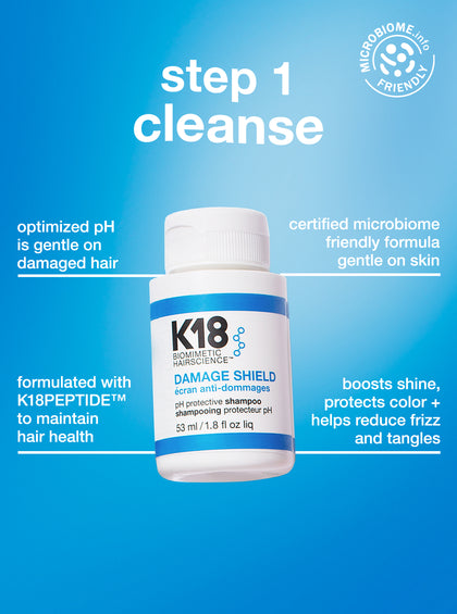 K18 Damage Shield shampoo bottle with product features on a blue background