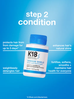 K18 Damage shield conditioner with blue cap on a blue background, featuring text about hair care benefits.