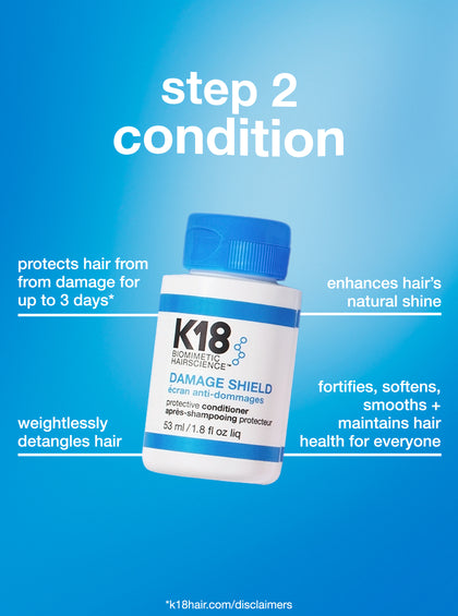 K18 Damage shield conditioner with blue cap on a blue background, featuring text about hair care benefits.