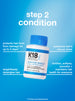 K18 Damage shield conditioner with blue cap on a blue background, featuring text about hair care benefits.