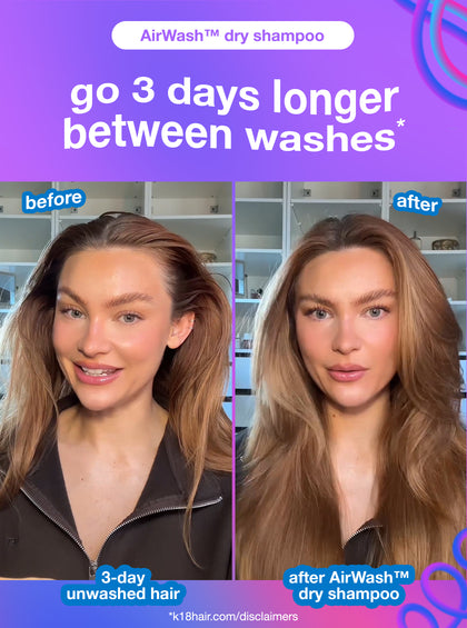 Before and after comparison of a woman's hair using AirWash dry shampoo on a purple background.