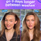 Before and after comparison of a woman's hair using AirWash dry shampoo on a purple background.