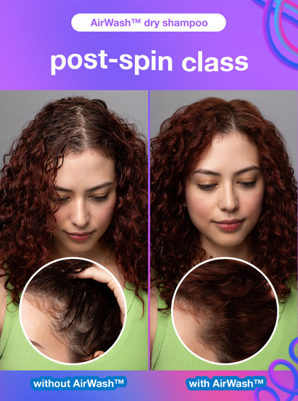Before and after comparison of hair with AirWash dry shampoo on a purple background
