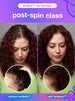 Before and after comparison of hair with AirWash dry shampoo on a purple background