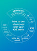 Infographic explaining how to use the shampoo with the K18 mask on a blue background. 