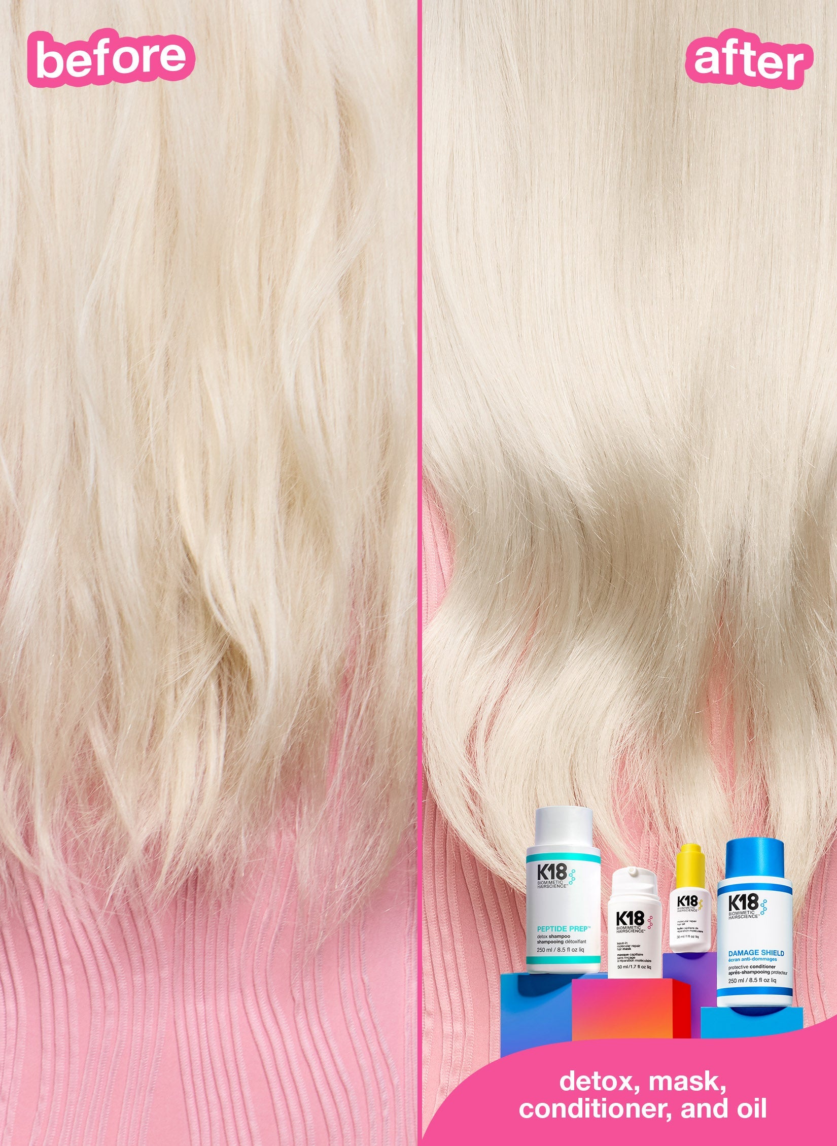 Bleach blonde hair before and after results using k18. 