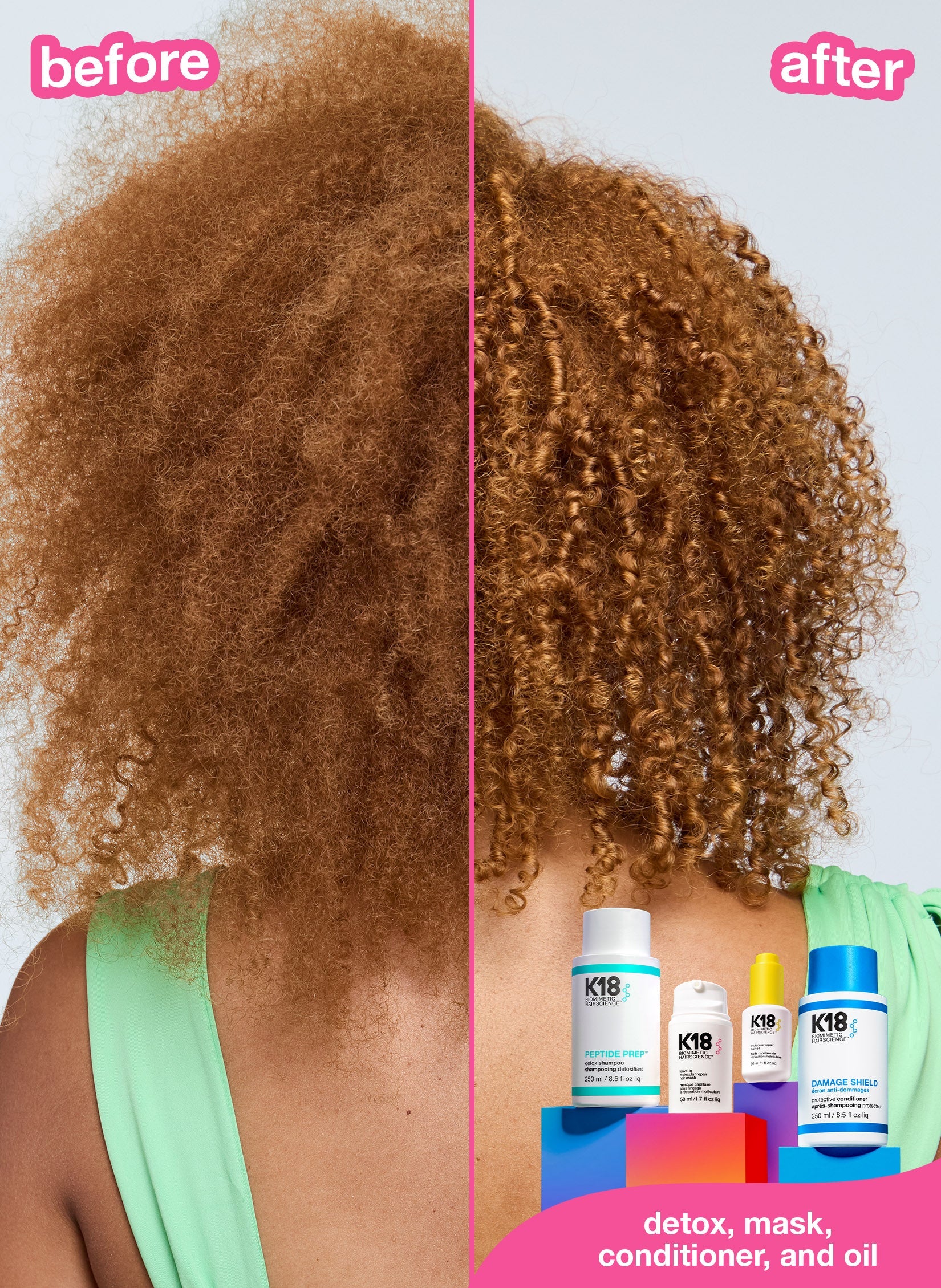 Red curly hair before and after results using k18. 