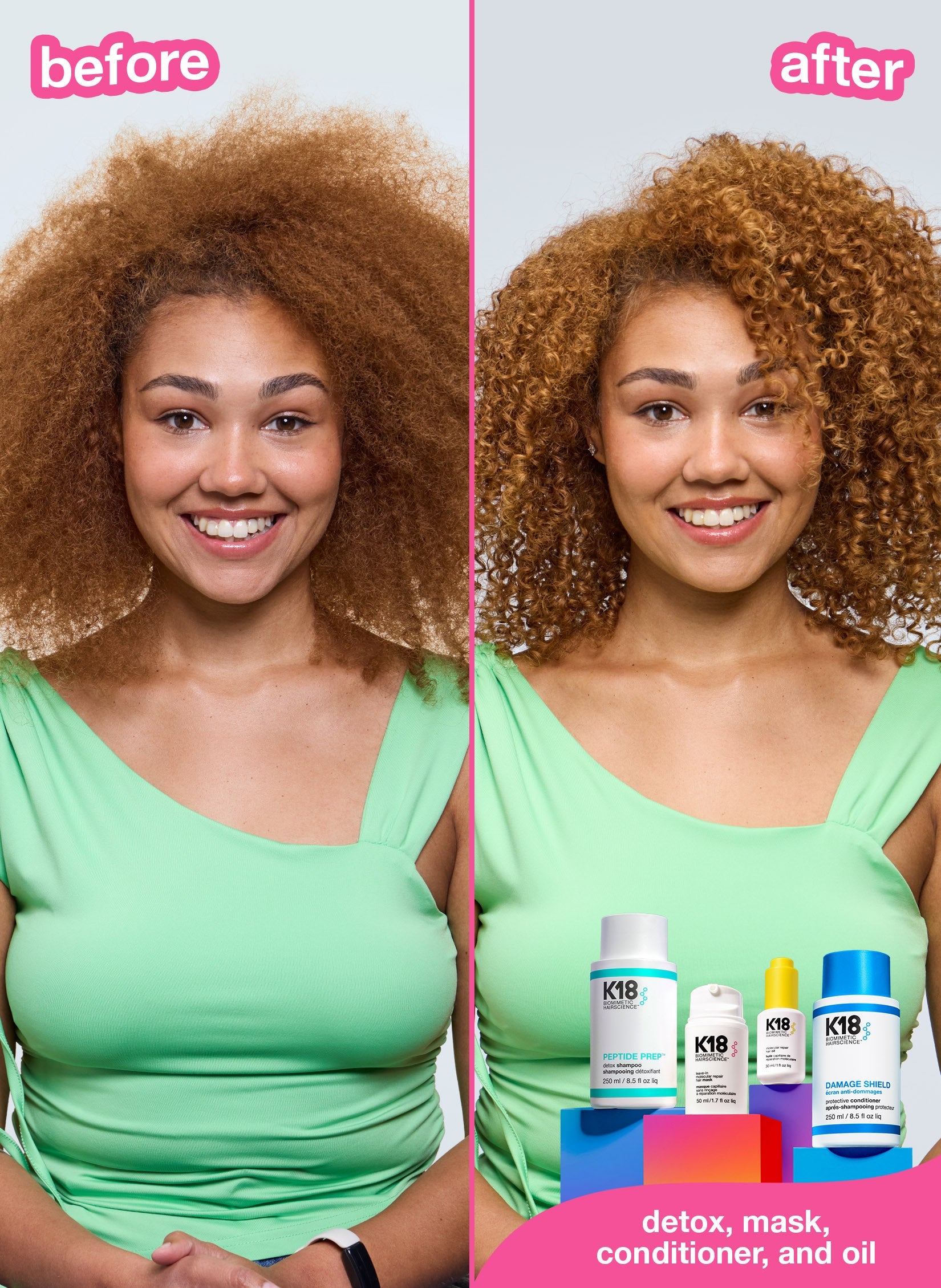 Red curly hair before and after results using k18. 