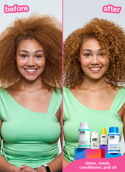 Red curly hair before and after results using k18. 