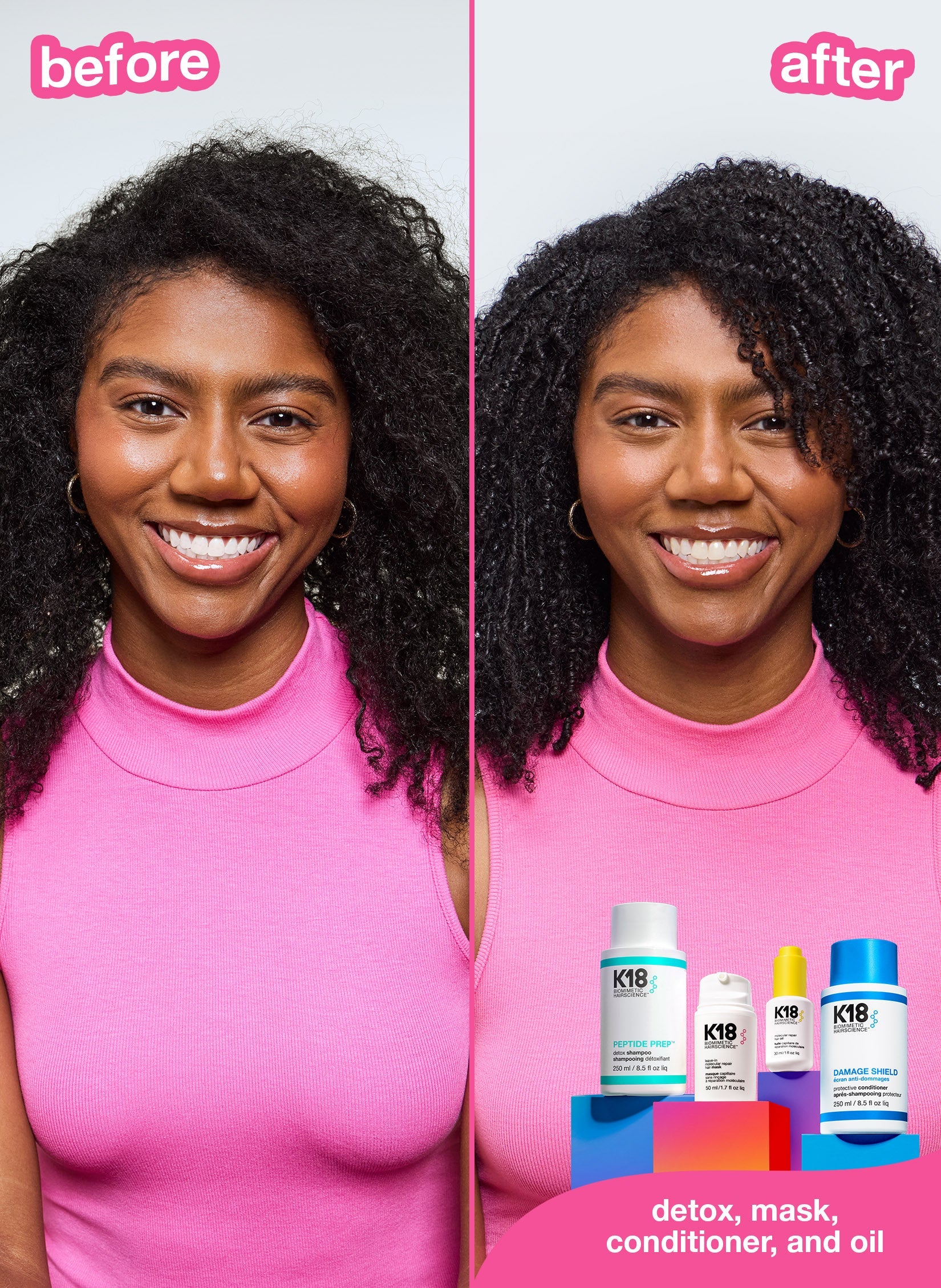 dark coily hair before + after styling with k18 hair products. 