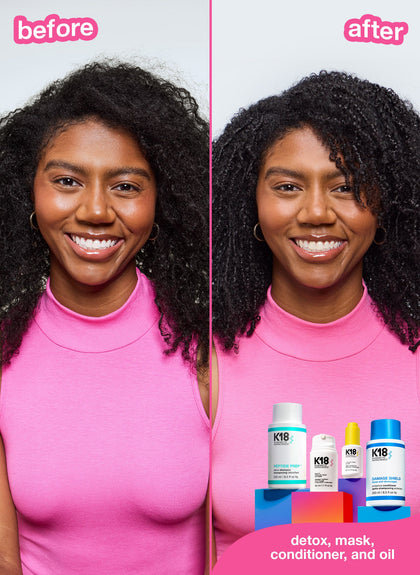 dark coily hair before + after styling with k18 hair products. 
