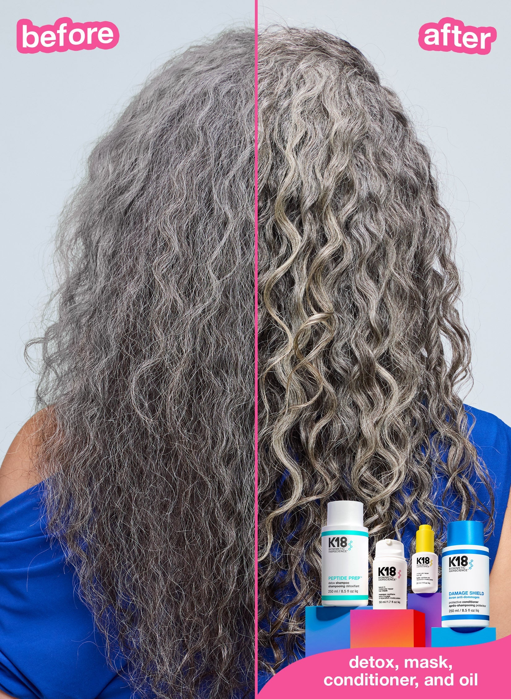 Grey curly hair before and after results using k18. 