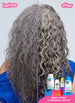 Grey curly hair before and after results using k18. 