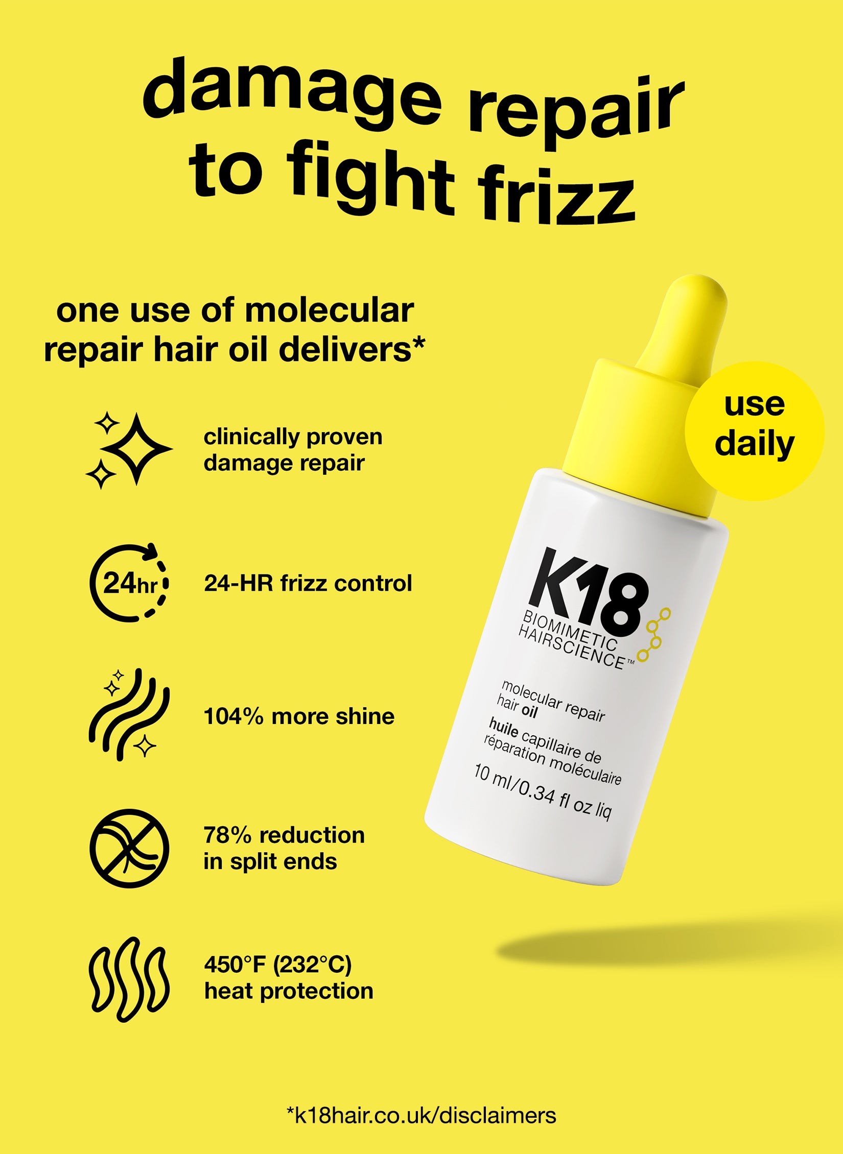 mini hair oil bottle with product details beside it. 