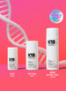 Mini, Full, and Jumbo size leave in molecular repair masks lined up next to each other on a pink background. 